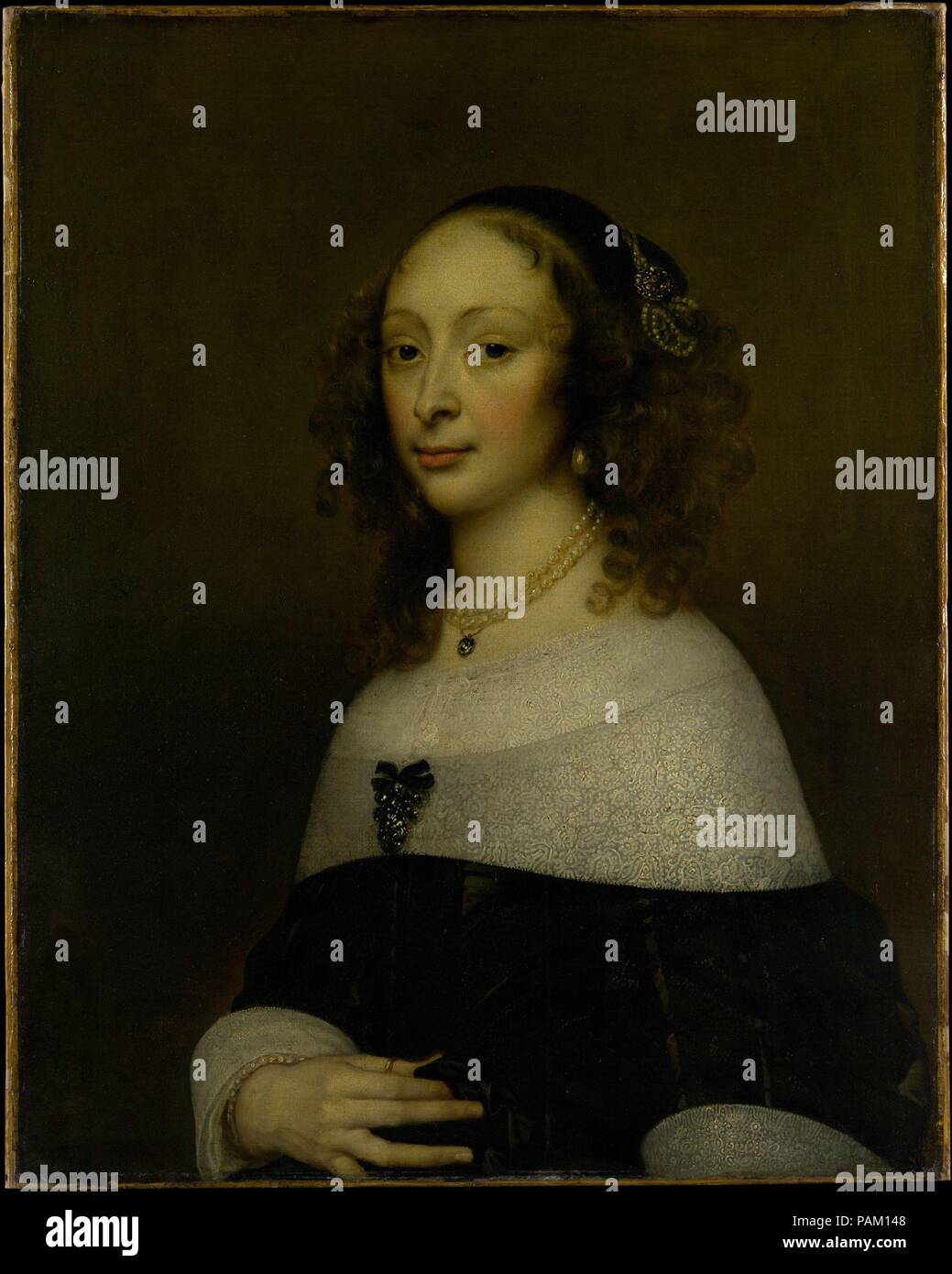 Portrait of a Woman. Artist: Adriaen Hanneman (Dutch, The Hague 1603/4-1671 The Hague). Dimensions: 31 1/2 x 25 in. (80 x 63.5 cm). Date: ca. 1653.  Hanneman was a highly successful portraitist in The Hague, where his Dutch version of Van Dyck's style ideally suited the court city's cosmopolitan patrons. This portrait of an elegant young woman dates from about 1653. The detailed passages of lace were probably painted by an assistant. Museum: Metropolitan Museum of Art, New York, USA. Stock Photo