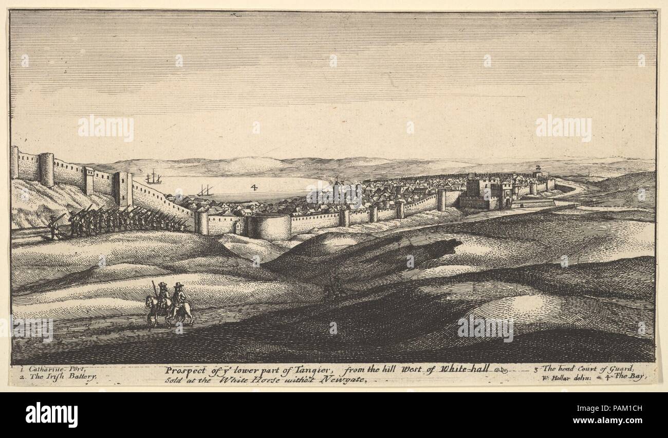 Prospect of the Lower Part of Tangier. Artist: Wenceslaus Hollar (Bohemian, Prague 1607-1677 London). Dimensions: Sheet: 4 13/16 × 8 5/16 in. (12.2 × 21.1 cm). Series/Portfolio: Various views of Tangier.  New Hollstein 2227-2232. Date: ca. 1670.  View onto Tangier, with the bay and hills in the distance; in the foreground, two figures on horseback, and a troop of soldiers in foreground at left; two ships in the bay. Museum: Metropolitan Museum of Art, New York, USA. Stock Photo