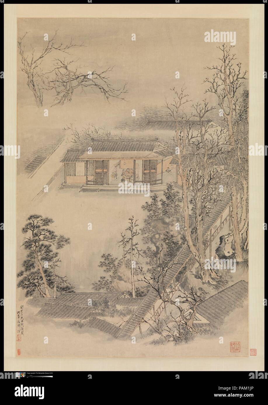 Drinking in the Bamboo Garden. Artist: Luo Ping (Chinese, 1733-1799). Culture: China. Dimensions: Image: 31 1/2 x 21 1/2 in. (80 x 54.6 cm)  Overall with mounting: 116 x 27 7/16 in. (294.6 x 69.7 cm)  Overall with knobs: 116 x 32 5/8 in. (294.6 x 82.9 cm). Date: dated 1773.  Painted at the end of Luo Ping's first Beijing sojourn, this depiction of a gathering beneath a lantern to celebrate the first full moon of the year commemorates a moment of social interaction between the artist and his patron-friends. The 'Bamboo Garden' mentioned in Luo's inscription may refer to the famous Yangzhou prop Stock Photo
