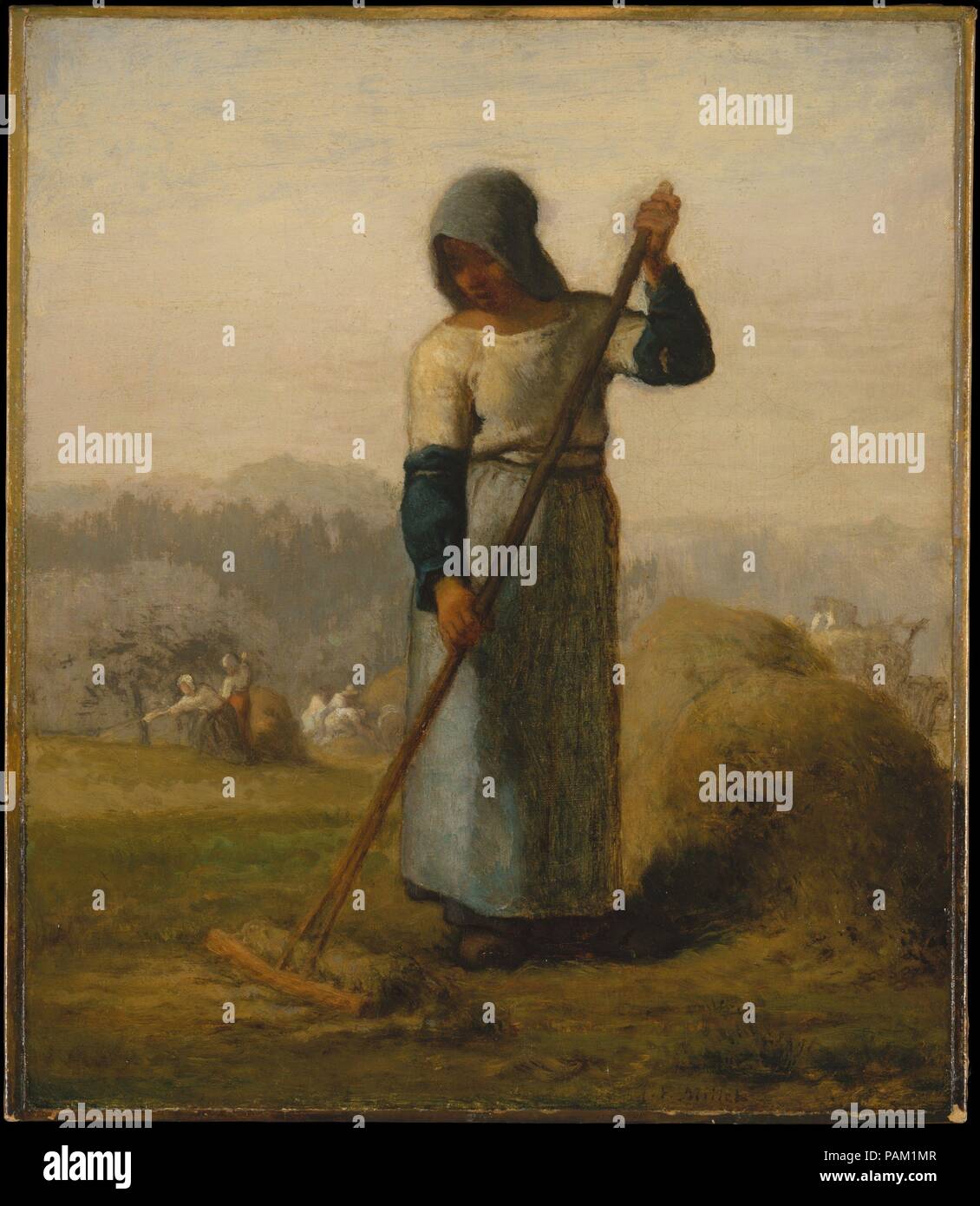 Woman with a Rake. Artist: Jean-François Millet (French, Gruchy 1814-1875 Barbizon). Dimensions: 15 5/8 x 13 1/2 in. (39.7 x 34.3 cm). Date: probably 1856-57.  Millet first treated this subject in a woodcut, one of ten in the series <i>Labors of the Fields</i> that were published in a popular periodical in 1853. The art dealer Martinet, in whose gallery such avant-garde artists as Courbet and Manet exhibited, included this painting in a show in 1860. Museum: Metropolitan Museum of Art, New York, USA. Stock Photo