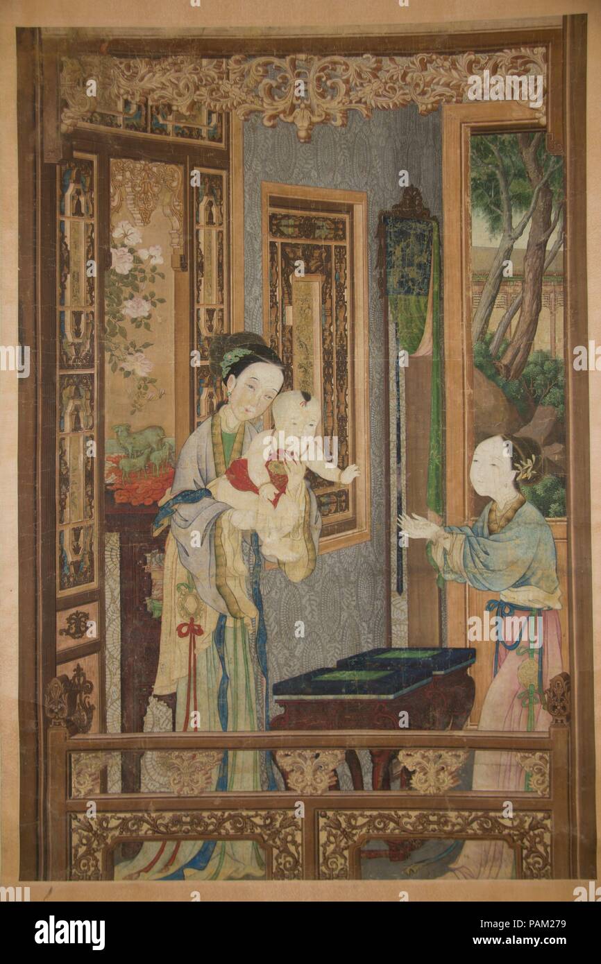 Interior with Woman, Child and Nurse. Artist: Unidentified Artist. Culture: China. Dimensions: Image: 71 1/4 × 47 1/2 in. (181 × 120.7 cm)  Overall with mounting: 92 3/8 × 50 3/8 in. (234.6 × 128 cm)  Overall with knobs: 92 3/8 × 54 3/8 in. (234.6 × 138.1 cm). Date: late 18th-early 19th century. Museum: Metropolitan Museum of Art, New York, USA. Stock Photo