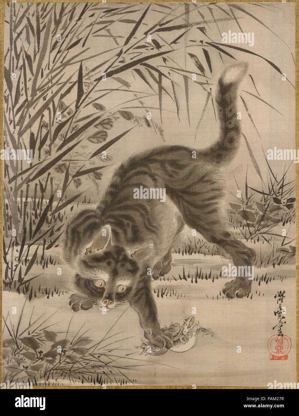 Cat Catching a Frog. Artist: Kawanabe Kyosai (Japanese, 1831-1889). Culture: Japan. Dimensions: 14 1/8 x 10 5/8 in. (35.9 x 27 cm). Date: ca. 1887. Museum: Metropolitan Museum of Art, New York, USA. Stock Photo