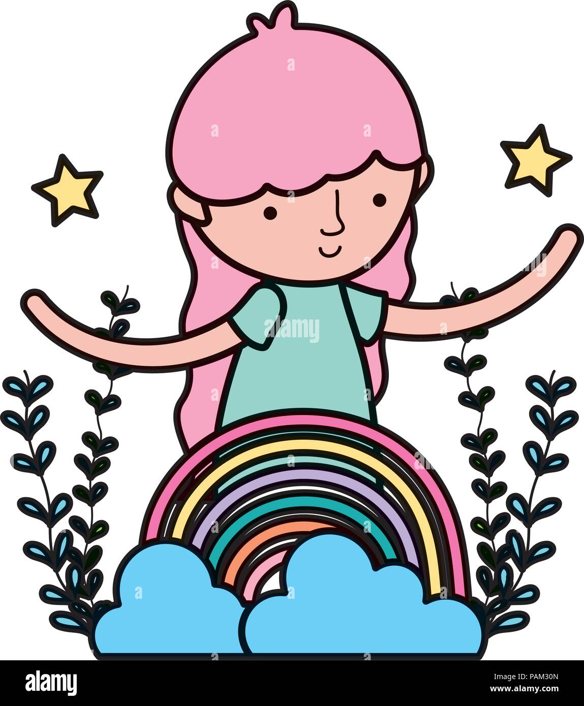 color happy girl with rainbow clouds and branches Stock Vector Image ...