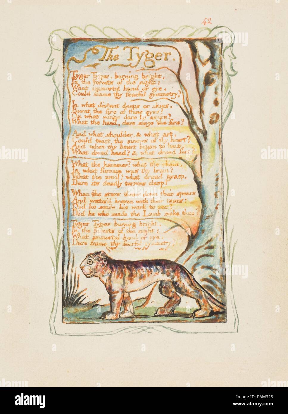 Songs of Innocence and of Experience: The Tyger. Artist: William Blake  (British, London 1757-1827 London). Dimensions: sheet: 6 3/16 x 5 9/16 in.  (15.7 x 14.1 cm). Date: ca. 1825. One of