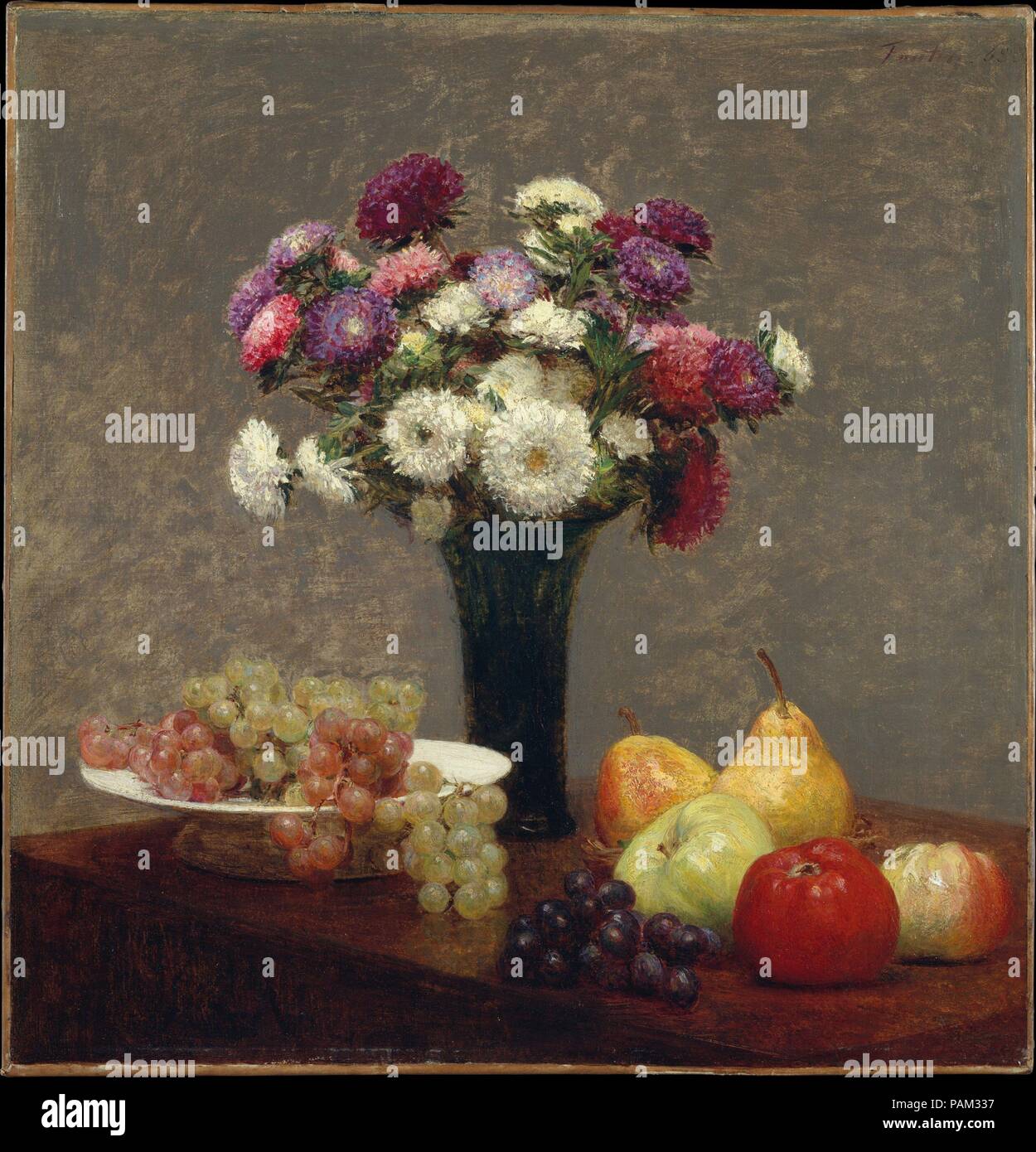 Asters and Fruit on a Table. Artist: Henri Fantin-Latour (French, Grenoble 1836-1904 Buré). Dimensions: 22 3/8 x 21 5/8 in. (56.8 x 54.9 cm). Date: 1868.  Edwin and Ruth Edwards, the English patrons and dealers of Fantin's work, recommended that the artist always use simple vases and plain tabletops in his still lifes in order to show to advantage his great skill in rendering texture and color. Museum: Metropolitan Museum of Art, New York, USA. Stock Photo