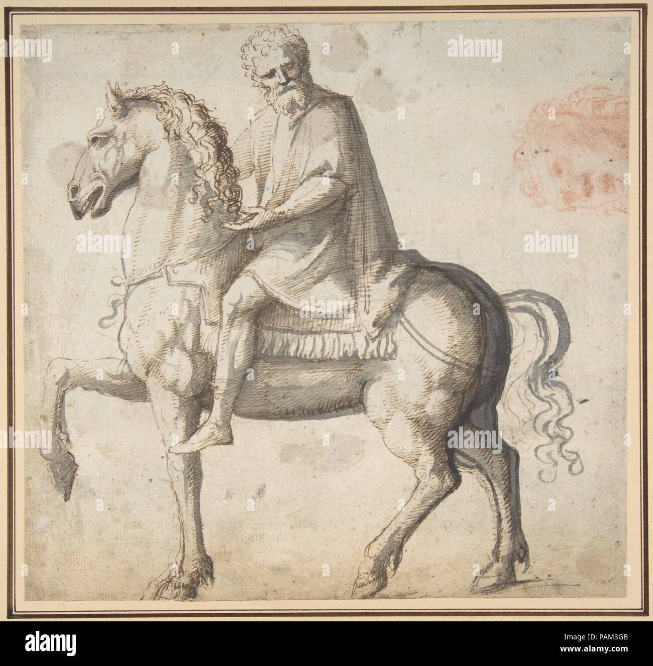 Man on Horseback, Study of a Man's Head (recto); Head of a Young Woman (verso). Artist: attributed to Marcello Fogolino (Italian, Vicenza 1483/88-after 1548 Trent). Dimensions: 7-9/16 x 7-15/16 in.  (19.2 x 20.2 cm). Date: 1483-1548. Museum: Metropolitan Museum of Art, New York, USA. Stock Photo