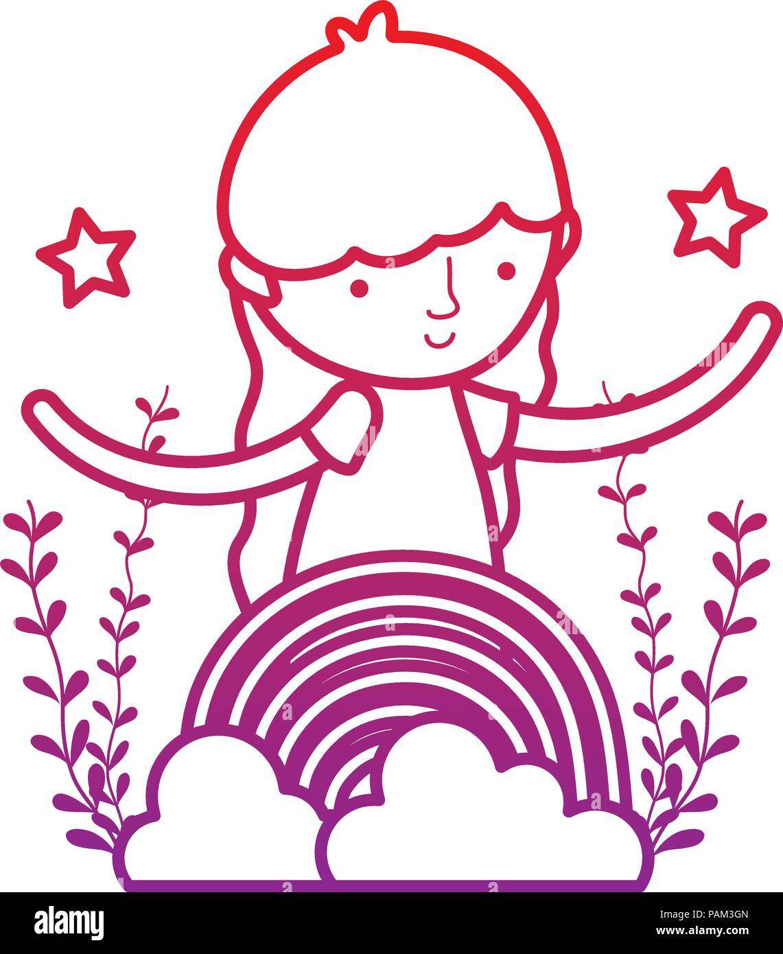 degraded line happy girl with rainbow clouds and branches Stock Vector ...