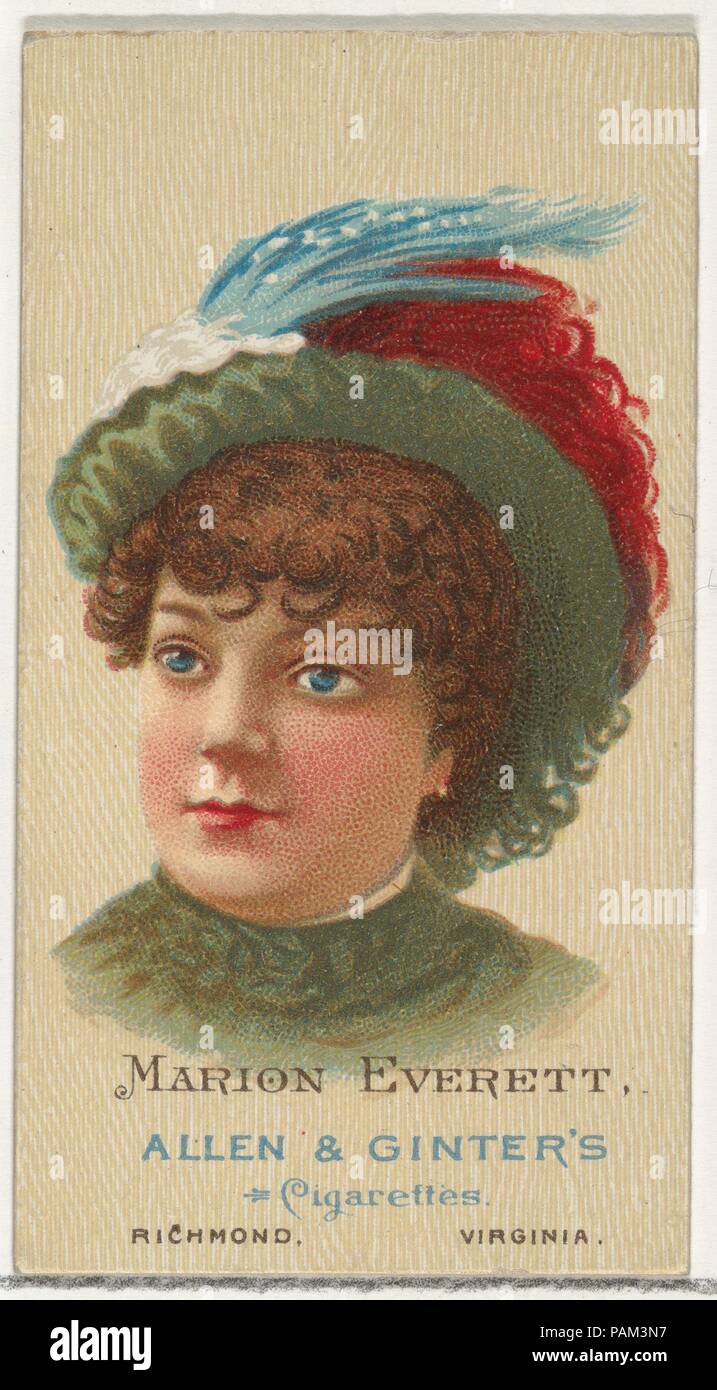 Marion Everett, from World's Beauties, Series 2 (N27) for Allen & Ginter Cigarettes. Dimensions: Sheet: 2 3/4 x 1 1/2 in. (7 x 3.8 cm). Lithographer: Lindner, Eddy & Claus (American, New York). Publisher: Allen & Ginter (American, Richmond, Virginia). Date: 1888.  Trade cards from 'World's Beauties,' Series 2 (N27), issued in 1888 in a set of 50 cards to promote Allen & Ginter brand cigarettes. Museum: Metropolitan Museum of Art, New York, USA. Stock Photo