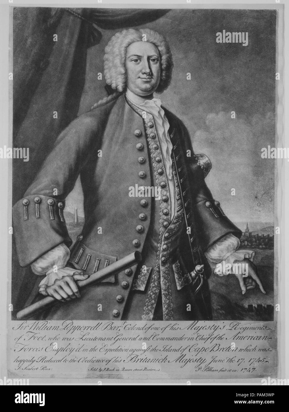 Sir William Pepperrell. Artist: Engraved and published by Peter Pelham (American (born England), London 1697-1751 Boston, Massachusetts); After John Smibert (American, Edinburgh, Scotland 1688-1751 Boston, Massachusetts). Dimensions: image: 11 3/16 x 9 3/4 in. (28.4 x 24.8 cm)  plate (trimmed at top): 13 13/16 x 9 7/8 in. (35.1 x 25.1 cm)  sheet: 13 15/16 x 10 1/16 in. (35.4 x 25.6 cm). Publisher: Sold by J. Buck (Boston, Massachusetts). Sitter: Sir William Pepperrell, 1st Baronet (American, KIttery, Maine 1696-1759 Kittery, Maine). Date: 1747. Museum: Metropolitan Museum of Art, New York, USA Stock Photo