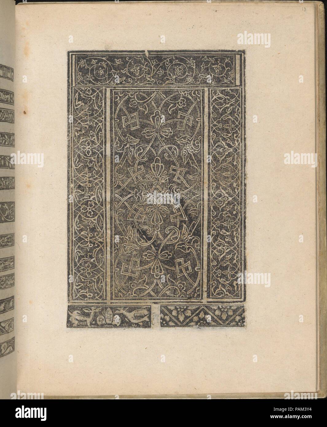 Trionfo Di Virtu. Libro Novo..., page 13 (verso). Dimensions: Overall: 9 13/16 x 7 7/8 in. (25 x 20 cm). Publisher: Matteo Pagano (Italian, 1515-1588) , Venice. Date: 1563.  Published by Matteo Pagano, Italian, 1515-1588, Venice.  From top to bottom, and left to right:  Design composed of 13 horizontal registers. Each register is decorated with a different floral and/or foliage pattern. Some of the registers are even illustrated with figures and other decorative elements. Museum: Metropolitan Museum of Art, New York, USA. Stock Photo