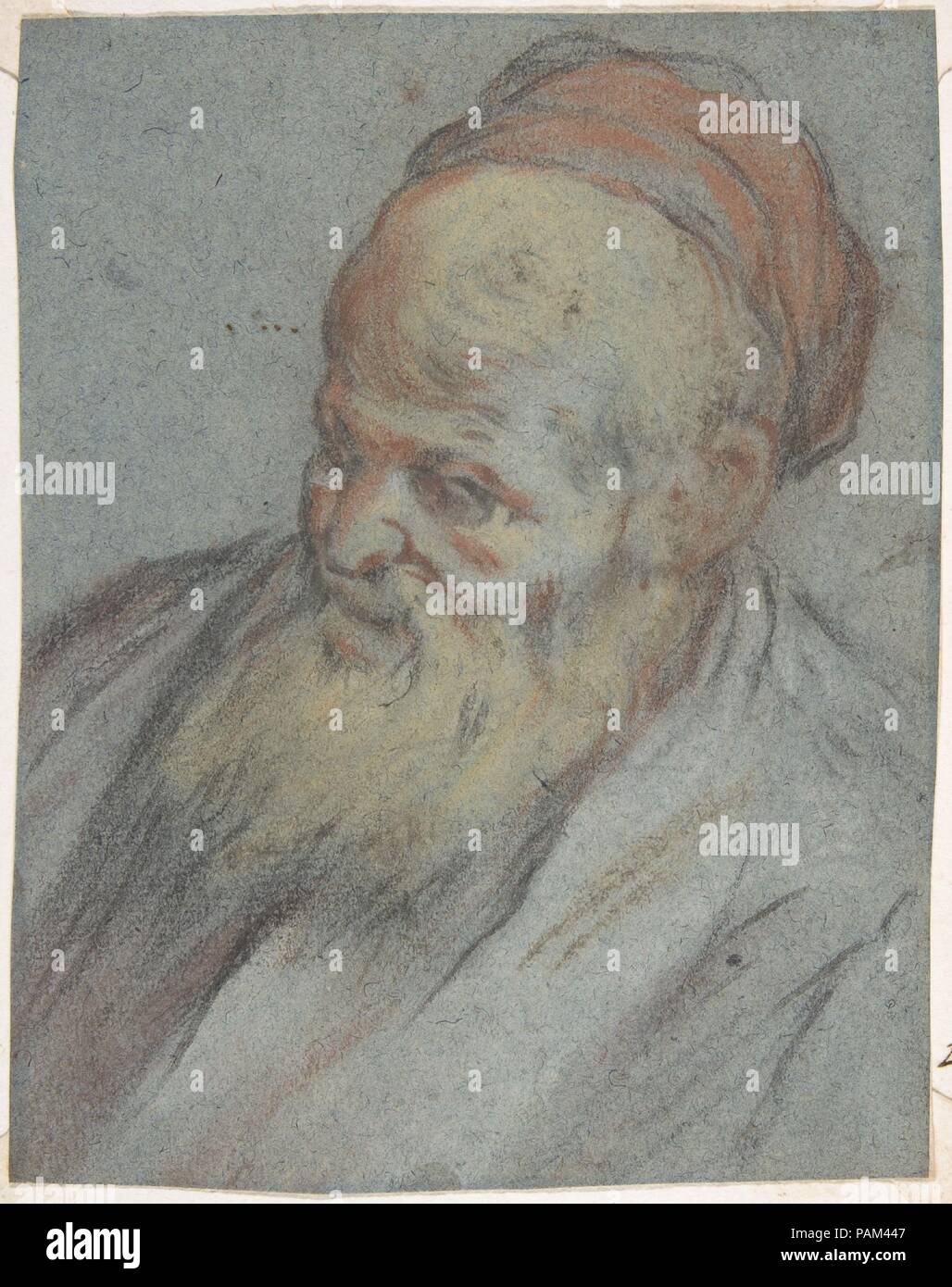Bust-Length Study of a Bearded Man with Cap in Three-Quarter View. Artist: Jacopo Bassano (Jacopo da Ponte) (Italian, Bassano del Grappa ca. 1510-1592 Bassano del Grappa). Dimensions: 5 1/4 x 4 1/2in. (13.3 x 11.4cm). Date: 1510-92.  Jacopo Bassano was among the most innovative painters at the end of the sixteenth century. This intimate portraitlike study in color is a textbook example of Bassano's celebrated naturalism and dazzlingly economic pastel technique. This characteristic drawing, depicting a frequent head type in his canvases, was preparatory for an onlooker on the right in the Mirac Stock Photo