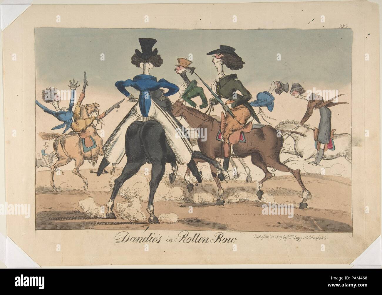 Dandies in Rotten Row. Artist: Attributed to William Heath ('Paul Pry') (British, London 1795-1840 Hampstead). Dimensions: plate: 9 13/16 x 13 3/4 in. (24.9 x 34.9 cm)  sheet: 10 9/16 x 15 1/16 in. (26.8 x 38.2 cm). Publisher: Thomas Tegg (British, 1776-1846). Date: January 21, 1819.  Rotten Row was the nickname for a road established along the southern edge of Hyde Park where fashionable Londoners paraded their carriages or rode on horseback. Men in particular used the site to display riding skills and show off the latest fashions. These dandies wear either spurred boots with riding britches, Stock Photo