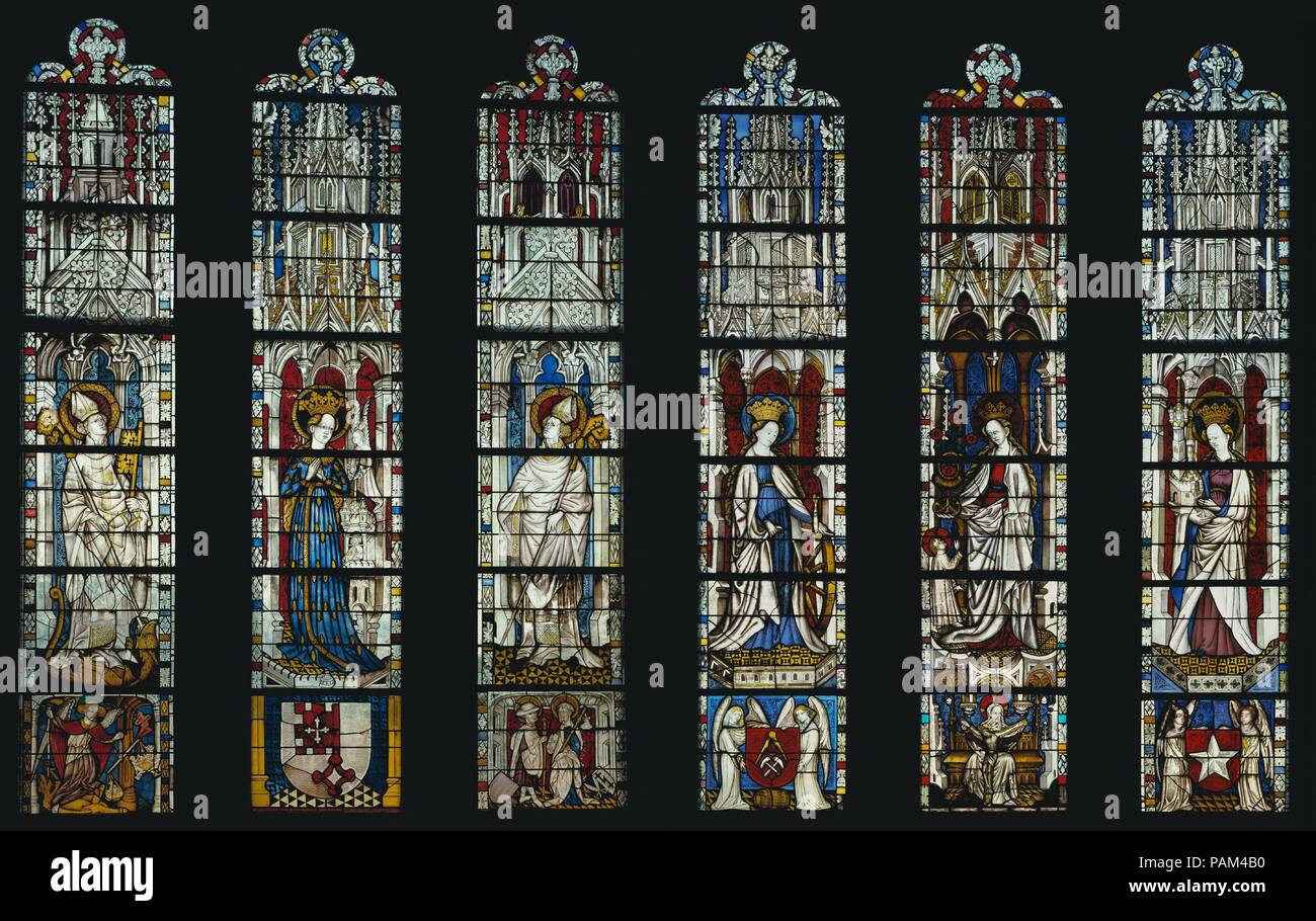 The Virgin Mary and Five Standing Saints above Predella Panels. Culture: German. Dimensions: Each window 12 ft. 4 1/2 in. x 28 1/4 in. (337.2 x 71.8 cm). Date: 1440-46.  The three lancets on the left were originally placed over the three on the right in the north nave of the former Carmelite church at Boppard-am-Rhein near Koblenz.  The slender, elongated figures enveloped in soft, trailing drapery and placed under soaring canopies suggest that the glass painter was well versed in the prevailing style of the Lower Rhineland, particularly that of Cologne.  The marked preference for grisaille (s Stock Photo
