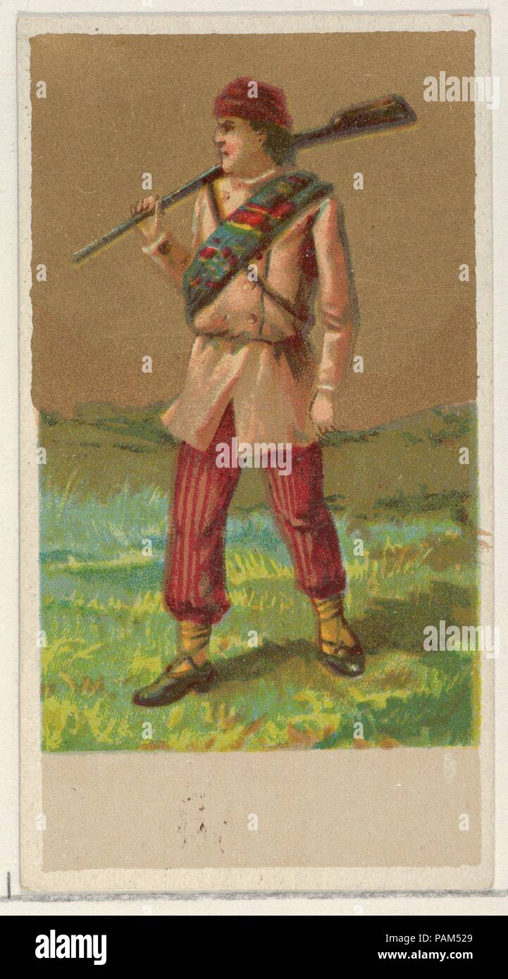 Canada, from the Natives in Costume series (N16), Teofani Issue, for Allen & Ginter Cigarettes Brands. Dimensions: Sheet: 2 3/4 x 1 1/2 in. (7 x 3.8 cm). Publisher: Plates used from original issue by Allen & Ginter (American, Richmond, Virginia); Issued by Teofani & Company (British). Date: ca. 1886.  Trade cards from the 'Natives in Costume' series (N16), issued in 1886 in a set of 50 cards to promote Allen & Ginter brand cigarettes. Secondary set from original Allen & Ginter plates printed by Teofani and distributed in Iceland. This set is printed on thinner card stock and does not have prin Stock Photo