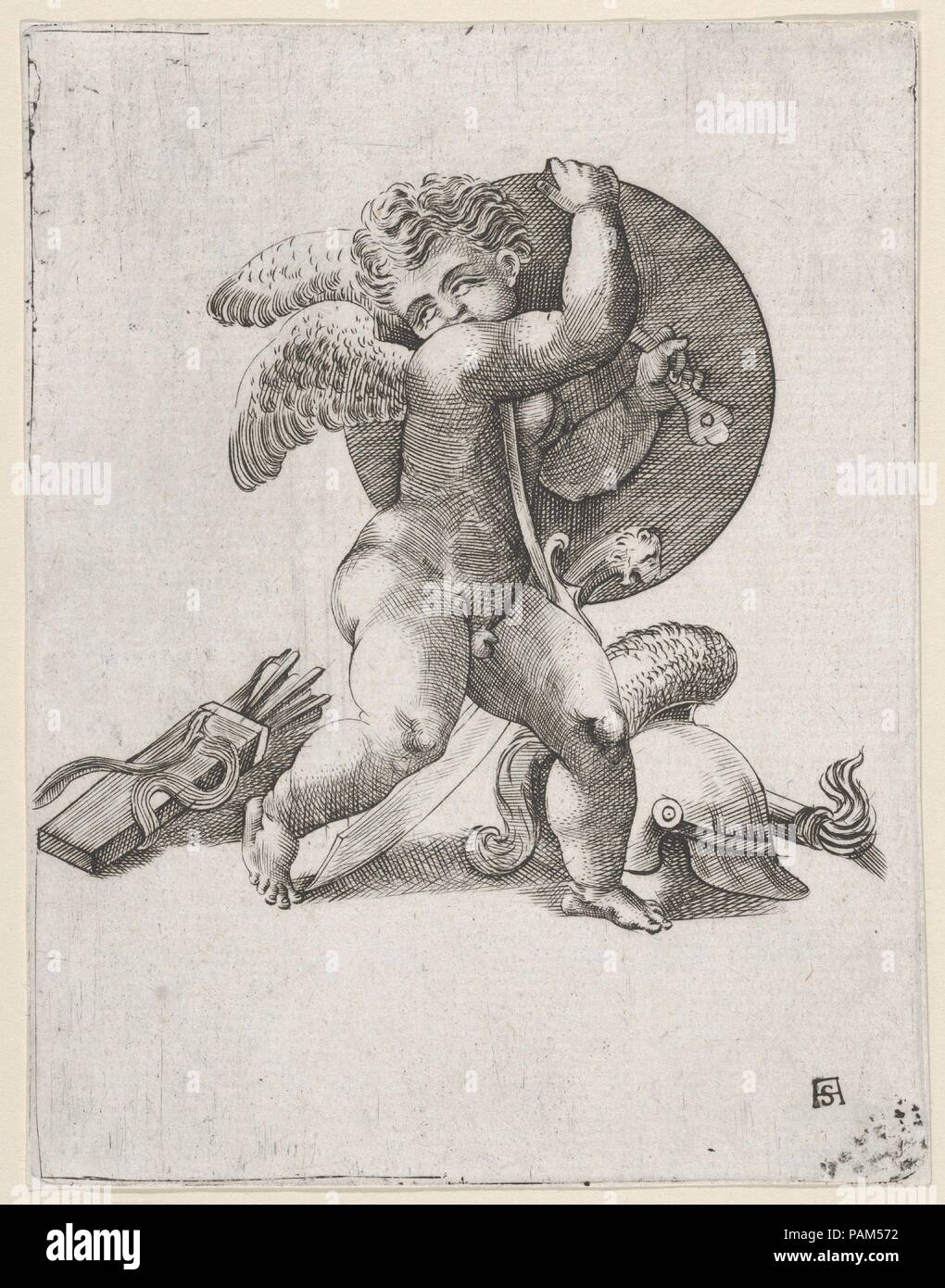 Cupid with Weapons of Mars. Artist: Adamo (Ghisi) Scultori (Italian, Mantua ca. 1530-1587 Rome). Dimensions: Sheet: 5 3/4 x 4 7/16 in. (14.6 x 11.3 cm). Date: ca. 1547-62.  The union between Venus, goddess of love, and Mars, god of war, was often understood as emblematic of love's power to calm the aggressive spirit. In 'De rerum natura' (On the Nature of Things, 1.29-40) of 55 B.C., Lucretius called on Venus to seduce Mars and bring peace to the Romans. Scultori's image suggests that she has done so. While his parents are occupied, Cupid carries off the heavy shield and sword of Mars, ensurin Stock Photo