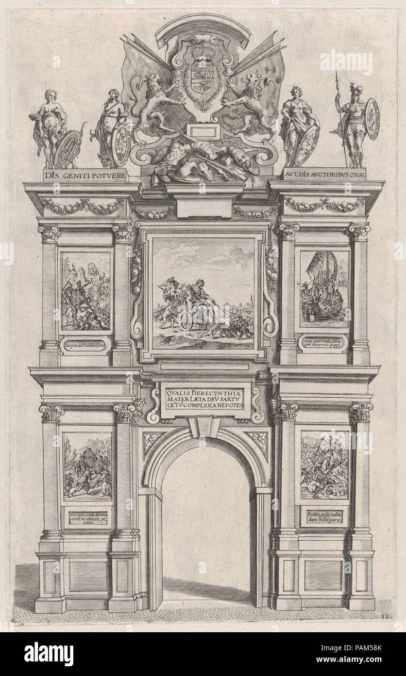 Plate 12: Triumphal arch, elevation of the back facade, surmounted with the arms of Ferdinand and decorated with five mythical or heroic scenes; from Guillielmus Becanus's 'Serenissimi Principis Ferdinandi, Hispaniarum Infantis...'. Dimensions: Sheet (Trimmed): 14 7/8 × 9 1/2 in. (37.8 × 24.2 cm). Published in: Antwerp. Publisher: Johannes Meursius (Flemish, active 1620-47). Date: 1636.  On January 28, 1635, the city of Ghent celebrated the entry of Cardinal-Infante Ferdinand of Spain, the recently appointed governor of the Southern Netherlands. A group of Flemish artists were commissioned to  Stock Photo