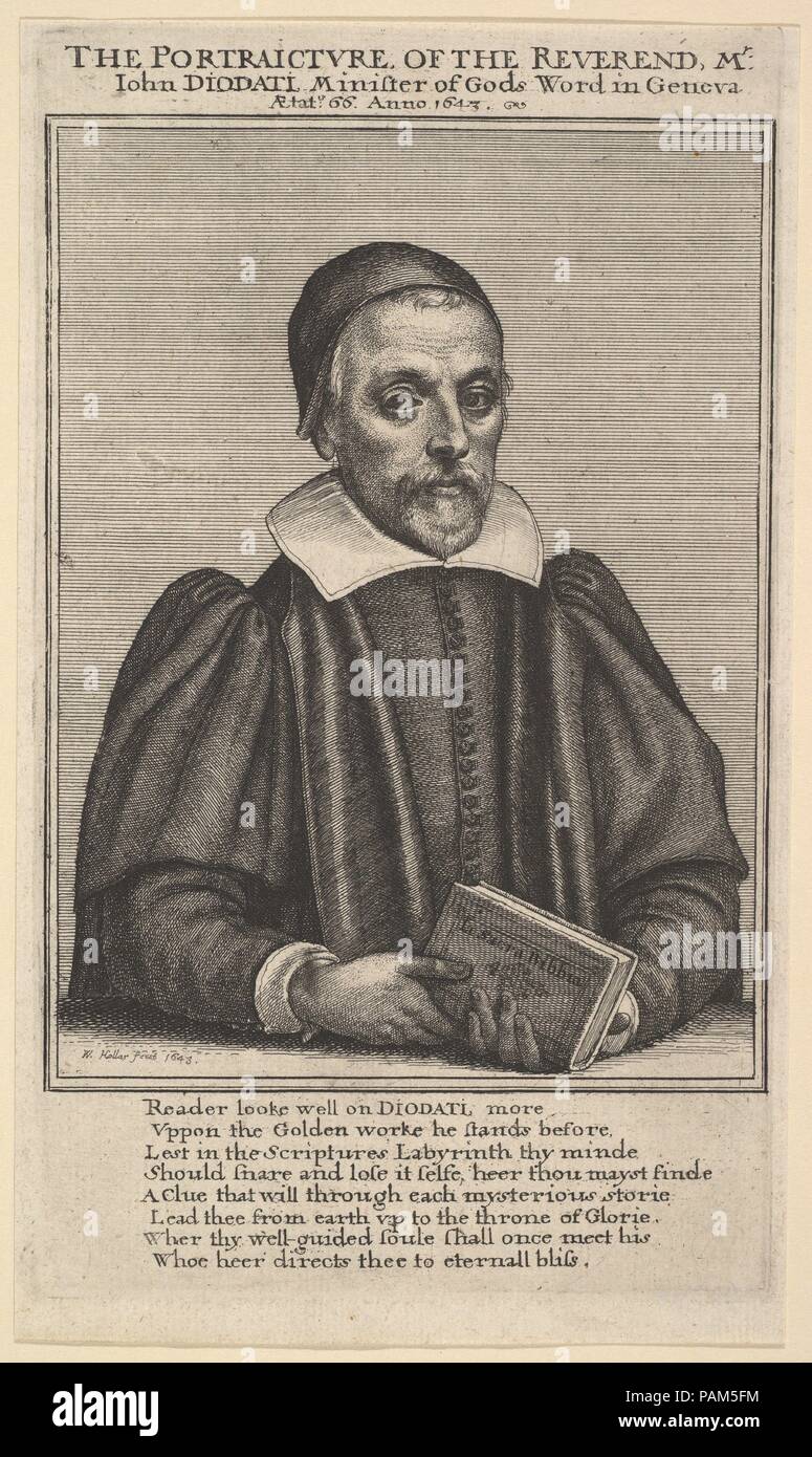 Portrait of John Diodati. Artist: Wenceslaus Hollar (Bohemian, Prague 1607-1677 London). Dimensions: plate: 7 9/16 x 4 7/16 in. (19.2 x 11.2 cm)  sheet: 7 13/16 x 4 5/8 in. (19.9 x 11.7 cm). Sitter: Giovanni Diodati (Swiss (born Italy), Lucca 1576-1649 Geneva). Date: 1643.  Portrait, half-length, seated behind a table, directed slightly to right, looking towards the viewer, holding a book lettered with 'La Sacra Bibbia'; wearing clerical cap and gown; illustration to Giovanni Diodati's 'Pious Annotations upon the Holy Bible' (London: 1643). Museum: Metropolitan Museum of Art, New York, USA. Stock Photo