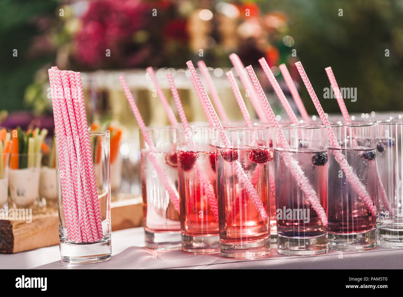 Various Cold Fresh Drinks Berries Lemonade Closeup On Wedding