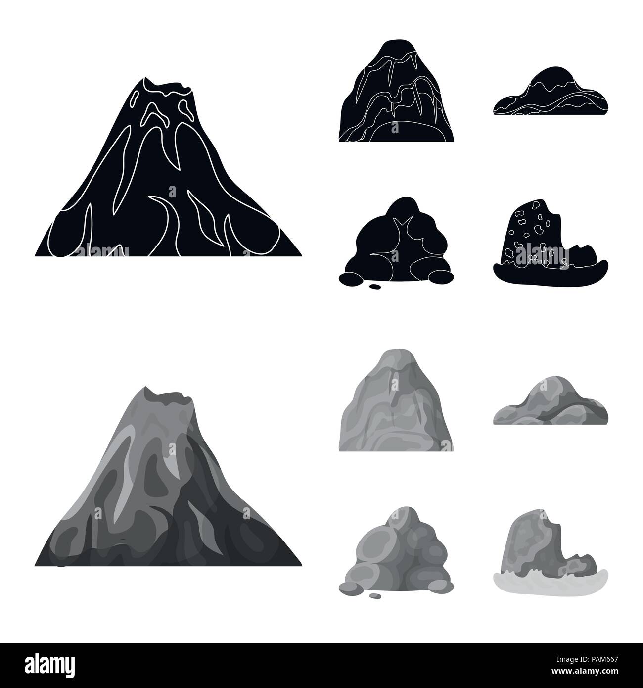 Boulders, a rounded mountain, rocks in the sea. Different mountains set collection icons in black,monochrom style vector symbol stock illustration . Stock Vector