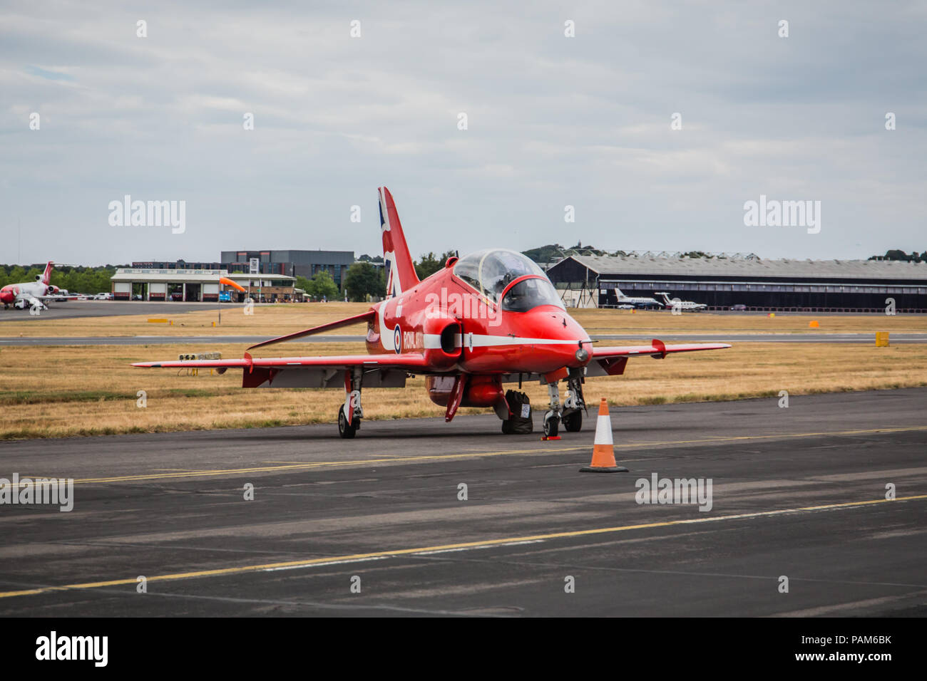 The Royal Air Force (RAF) 100th anniversary Red Arrows aerobatic display at the Farnborough International Airshow 2018. Stock Photo