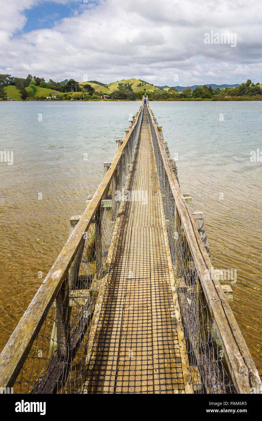 Crossing the longest footbridge in the Southern Hemisphere at Whananaki, North Island, New Zealand. Vertical image taken on a beautiful spring day Stock Photo