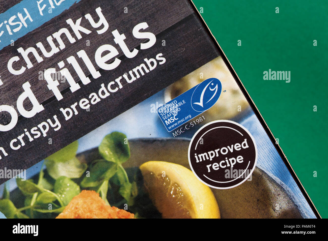 Cod fillets package with MSC certified sustainable food logo UK Stock Photo
