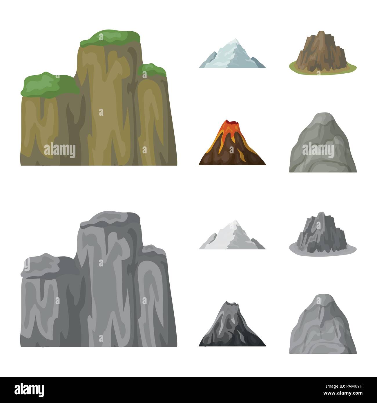 Sheer cliffs, a volcanic eruption, a mountain with a beach, a glacier. Different mountains set collection icons in cartoon,monochrome style vector sym Stock Vector