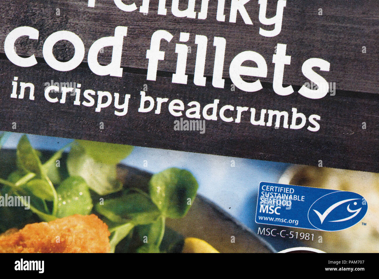 Cod fillets package with MSC certified sustainable food logo UK Stock Photo