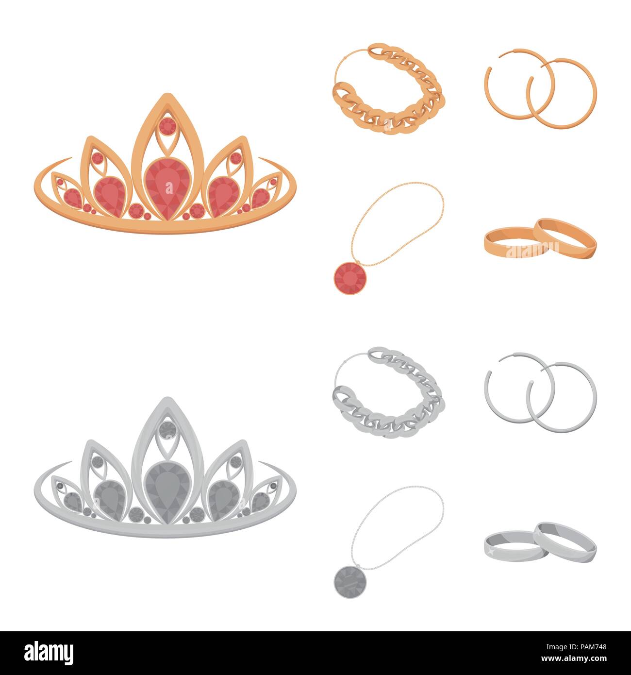 Tiara, gold chain, earrings, pendant with a stone. Jewelery and accessories set collection icons in cartoon,monochrome style vector symbol stock illus Stock Vector