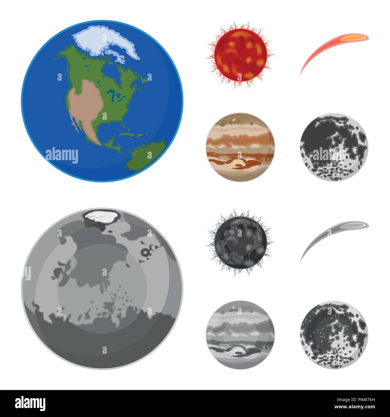Earth, Jupiter, the Sun of the Planet of the Solar System. Asteroid, meteorite. Planets set collection icons in cartoon,monochrome style vector symbol Stock Vector