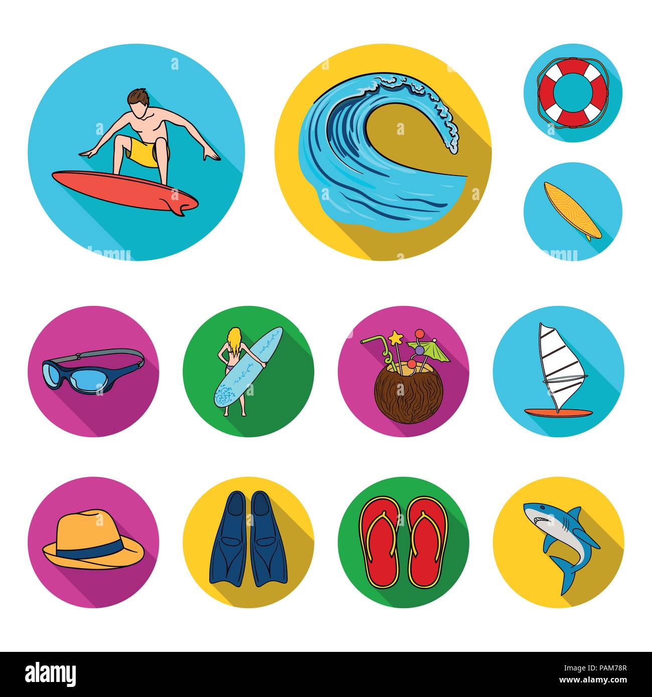 Surfing and extreme flat icons in set collection for design. Surfer and