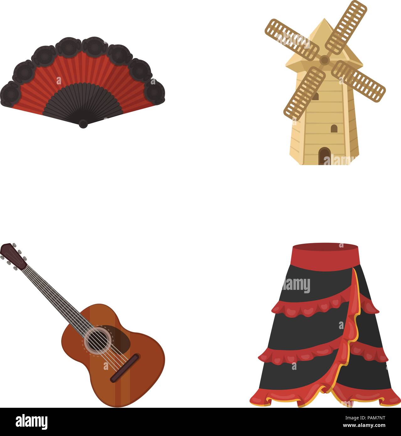 Fan Spanish, mill, guitar, skirt for national Spanish dances. Spain country  set collection icons in cartoon style vector symbol stock illustration  Stock Vector Image & Art - Alamy