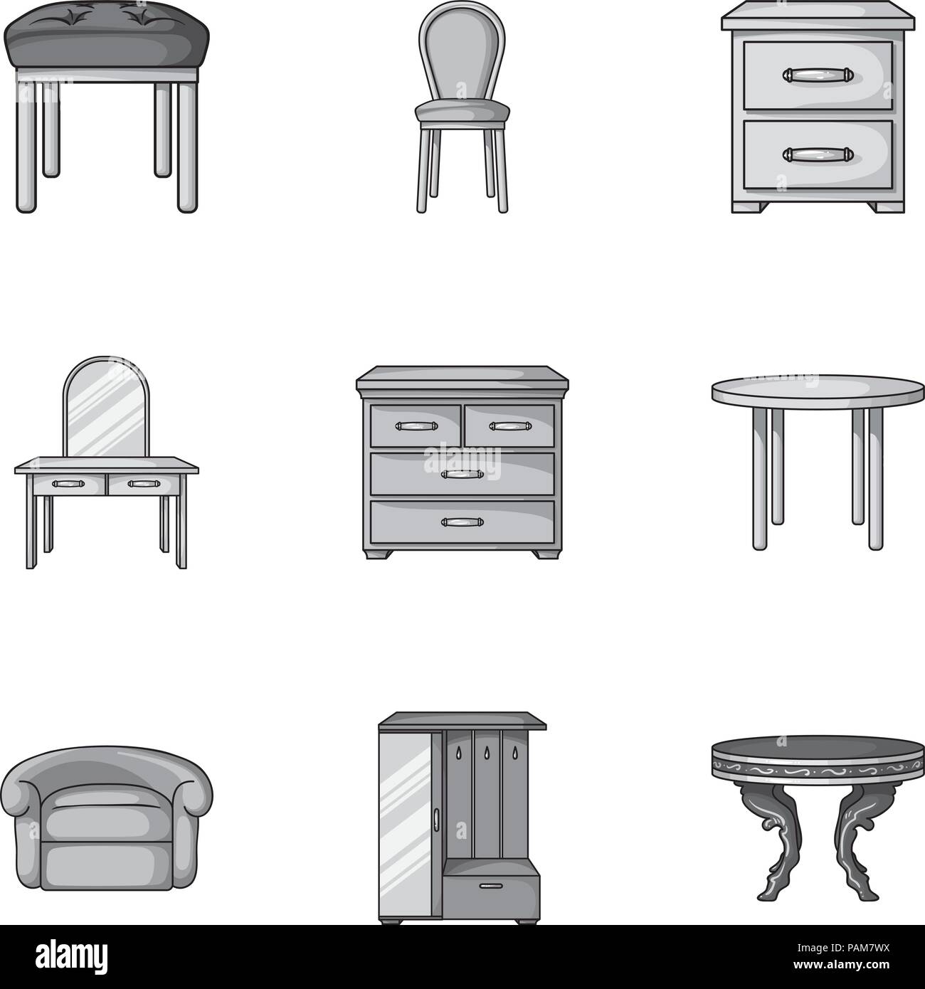 Furniture and home interior set icons in monochrome design. Big ...