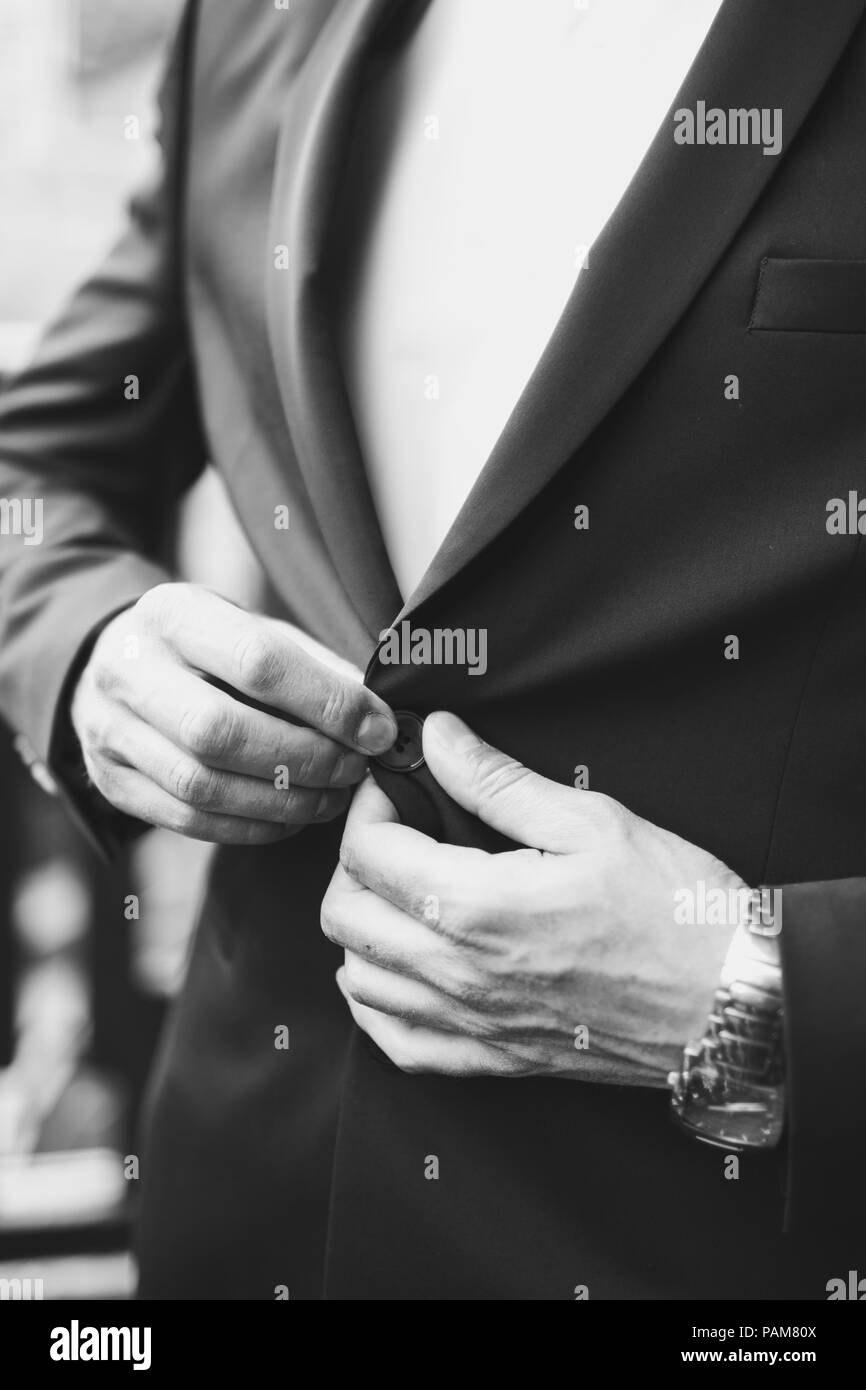 Man wearing cuit. Casual style, no tie. Black and white Stock Photo