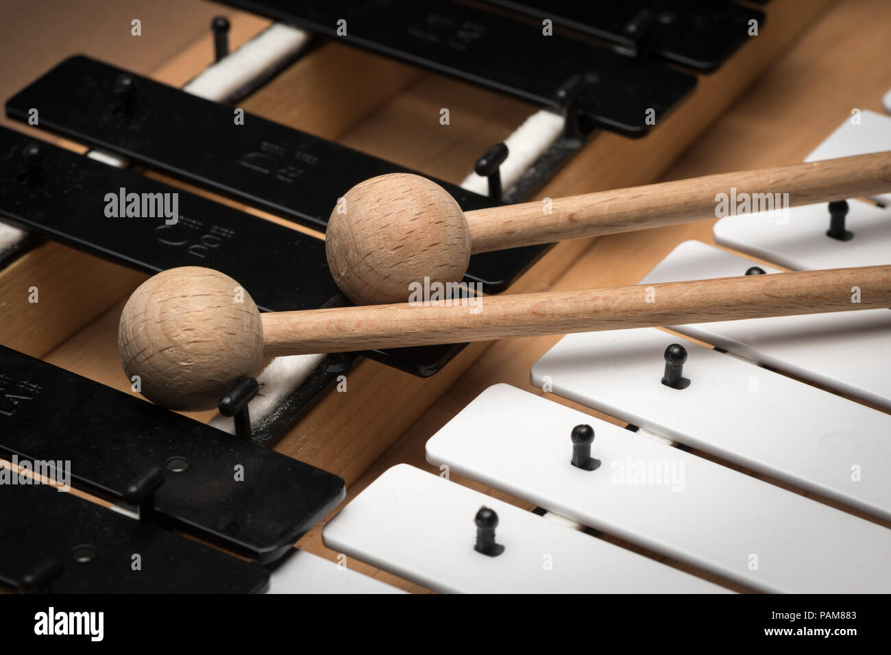 Details of a Glockenspiel with black and white keys and wooden mallets