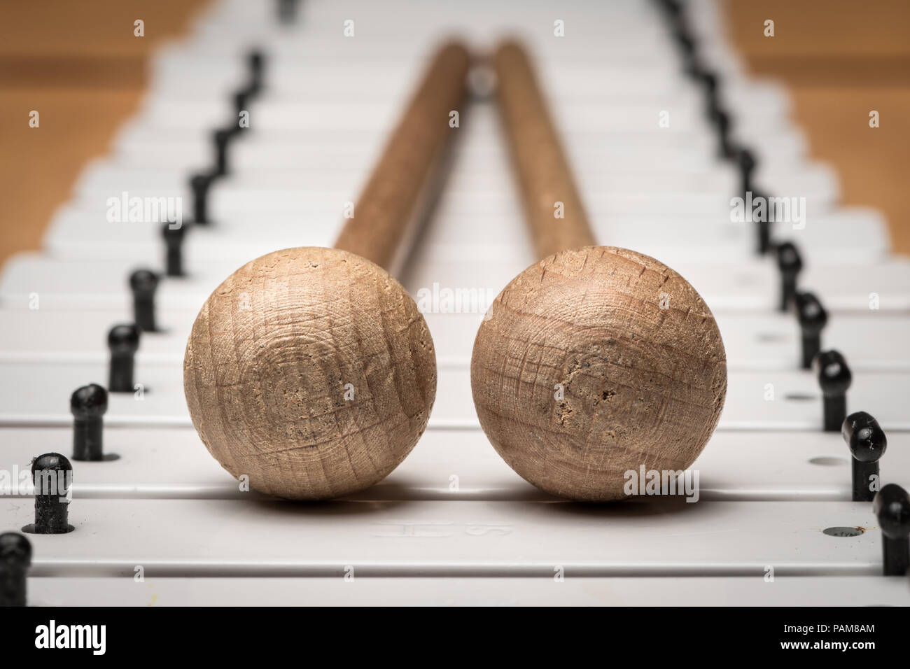 Details of a Glockenspiel with black and white keys and wooden mallets