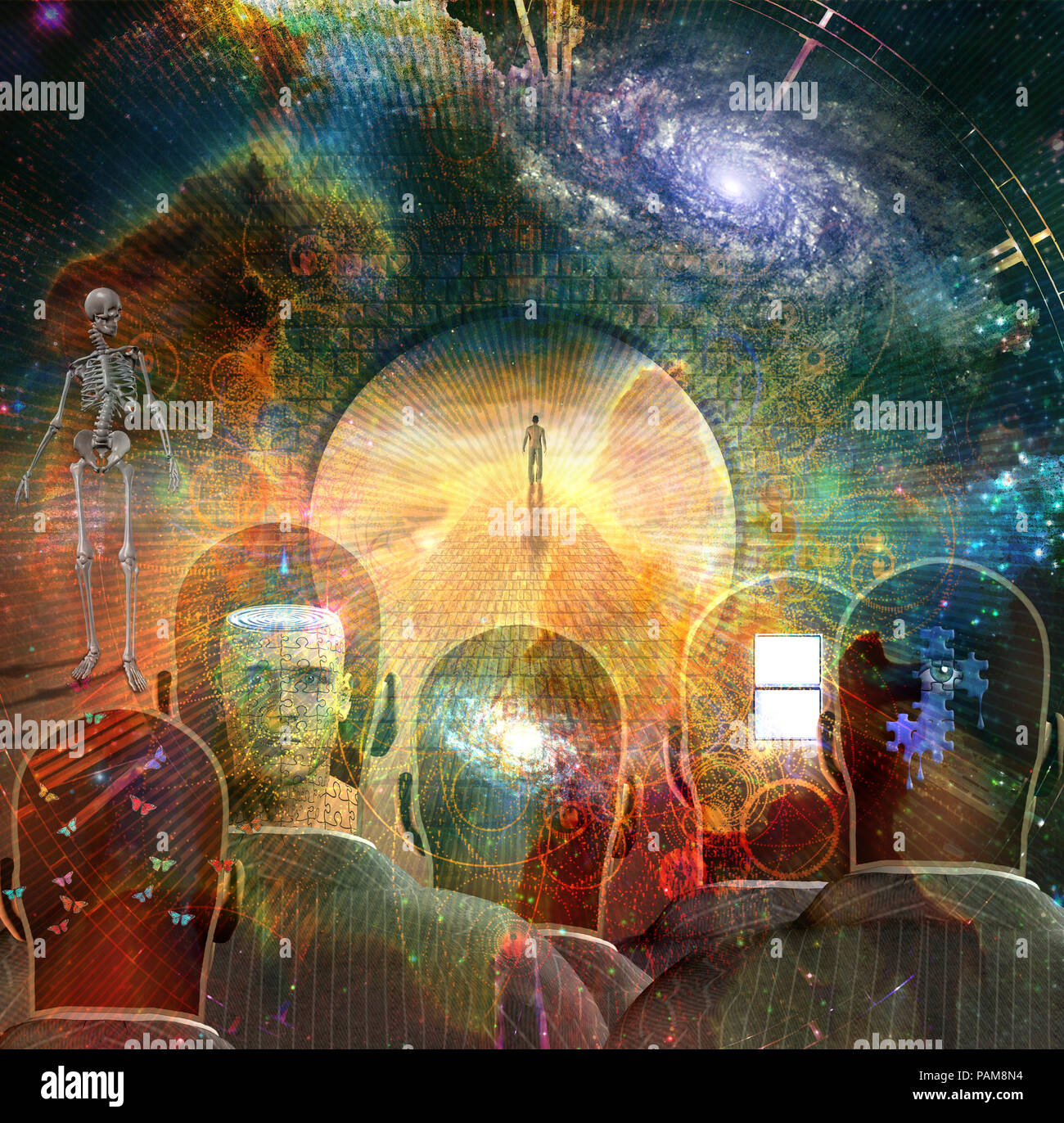 Surrealism. Man walks on a stone road in the space. Men's heads with