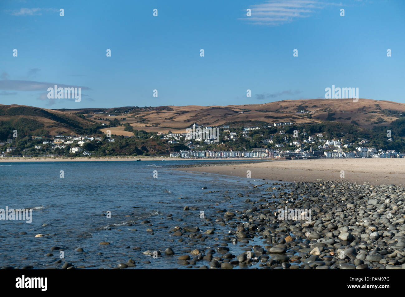 A distant view of Aberdyfi, taken during the dry summer of 2018, from the beach at Ynys-las nature reserve. Stock Photo