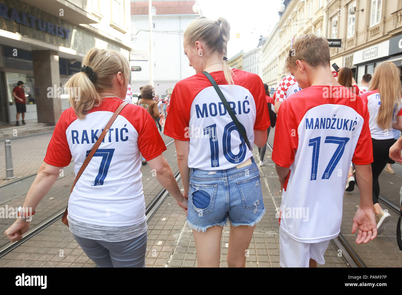 ZAGREB, CROATIA - JULY 15, 2018 : Croatian football fans support national team before and during the World Cup 2018 FIFA, Final game, France vs. Croat Stock Photo