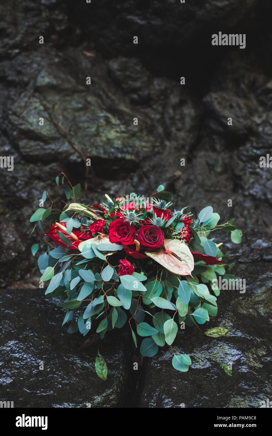 Wedding Decorations With Fresh Red And Vinous Color Flowers Close