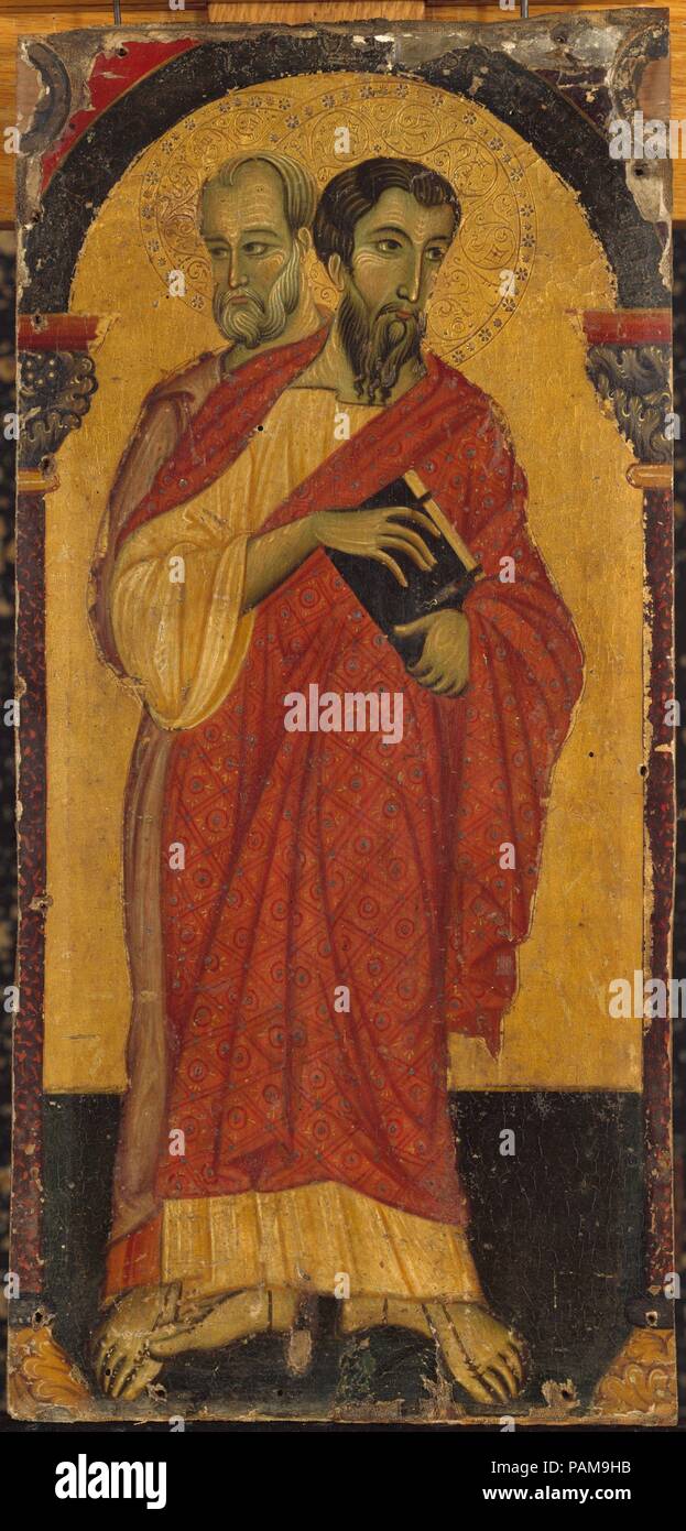 Saints Bartholomew and Simon. Artist: Master of Saint Francis (Italian, Umbria, active third quarter 13th century). Culture: Italian, Umbria. Dimensions: 18 3/4 x 9 in. (47.6 x 22.9 cm). Date: 1266-75.  The earliest Italian painting in the Lehman Collection, this panel formed part of one of the greatest Italian altarpieces of the third quarter of the thirteenth century. The double-sided altarpiece was probably commissioned for the main altar of the church of San Francesco al Prato in Perugia. This panel--with Saint Francis (Galleria Nazionale, Perugia), Saint James and Saint John the Evangelis Stock Photo