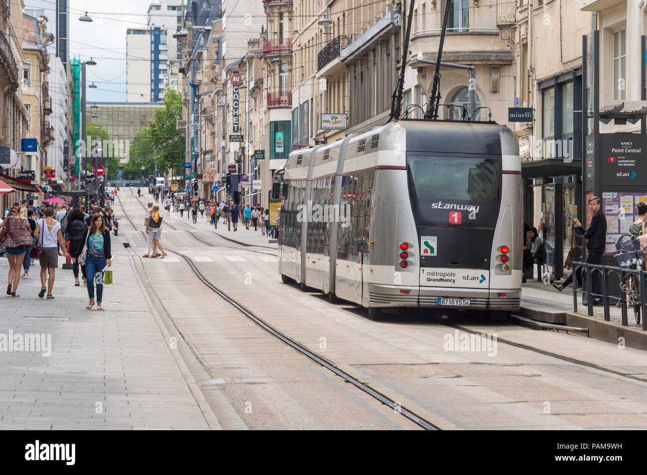 Nancy, France - 21 June 2018: Bombardier Guided Light Transit guided bus on Saint-Georges street. Stock Photo