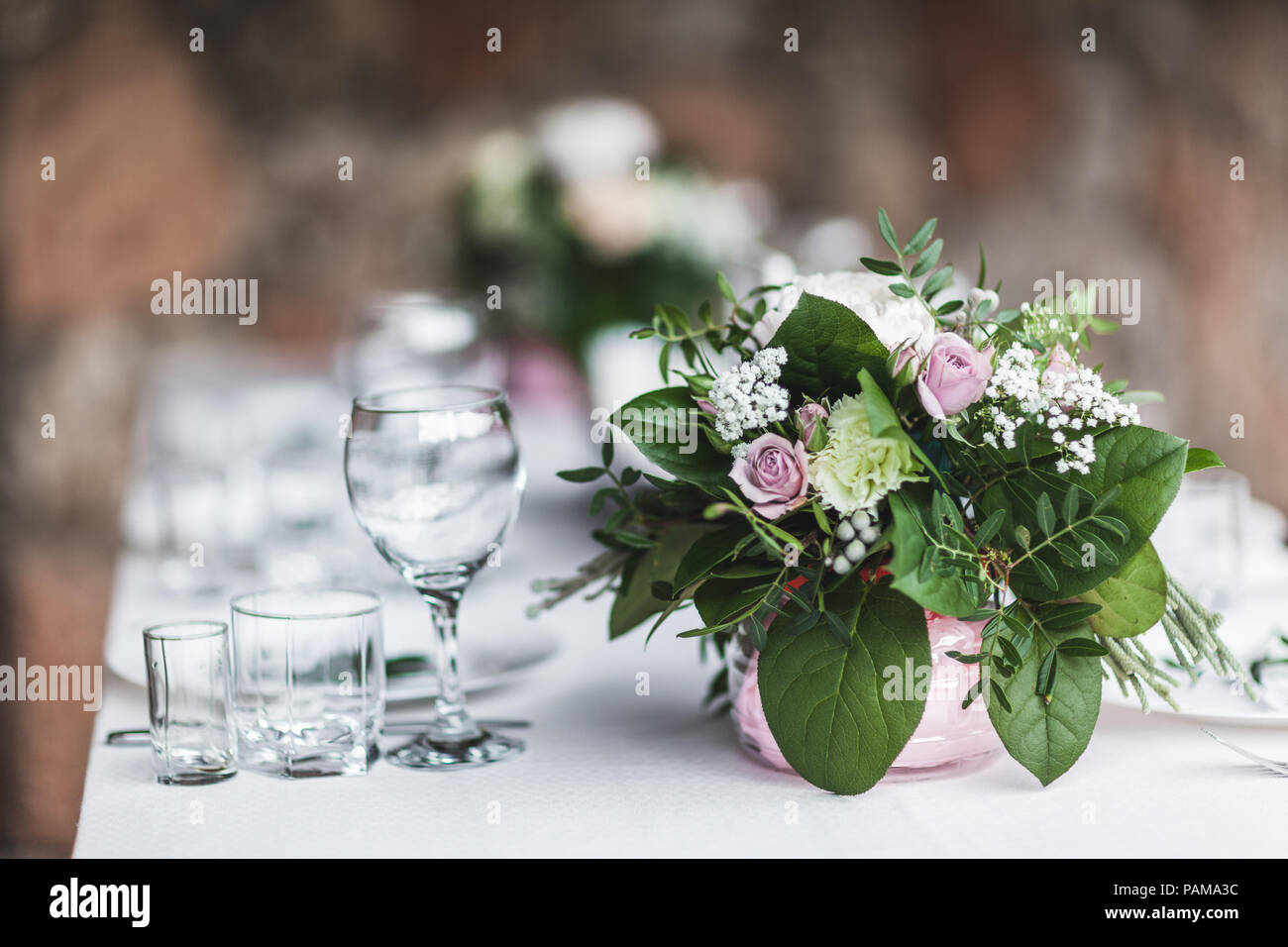 White Wedding Table Decorated With Green Flowers Arrangement Name Cards Pink Peony White Cutlery Rustic Style Stock Photo Alamy White Wedding Table Decorated With Green Flowers Arrangement Name Cards Pink Peony White Cutlery Rustic Style Stock Photo Alamy