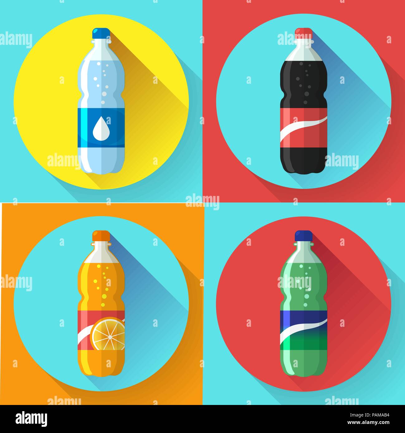 set of pictures plastic bottle of coca cola, sprite, fantasy orange soda Flat vector illustration Stock Vector