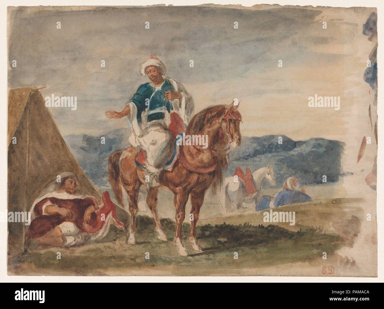 Three Arab Horsemen at an Encampment. Artist: Eugène Delacroix (French, Charenton-Saint-Maurice 1798-1863 Paris). Dimensions: Overall: 8 9/16 x 11 5/8 in. (21.7 x 29.6 cm). Date: ca. 1832.  Delacroix's journey to North Africa in 1832 had a profound and lasting influence on his art, affecting the content and color of virtually all his subsequent work. This drawing was likely made during his travels between Tangier and Meknes, when he sketched extensively. The three men, probably Moroccan horsemen, accompanied the French diplomatic group at an encampment. Delacroix clearly reveled in the vivid c Stock Photo