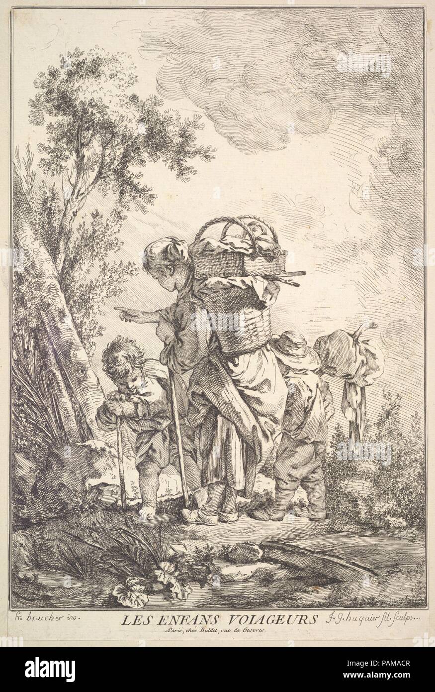 The Traveling Children. Artist: After François Boucher (French, Paris 1703-1770 Paris); Jacques Gabriel Huquier (French, Paris 1730-1805 Shrewsbury). Dimensions: Sheet (trimmed): 12 7/16 × 8 3/8 in. (31.6 × 21.2 cm). Date: mid to late 18th century. Museum: Metropolitan Museum of Art, New York, USA. Stock Photo