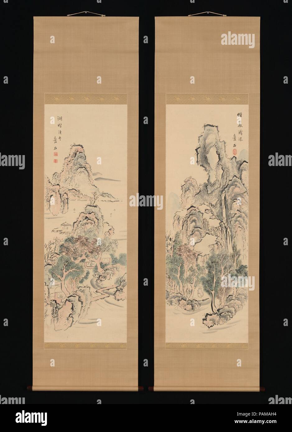 Fantastic Rocks with Cascading Waterfall; Fishing Boats by a Lake Hamlet. Artist: Aiseki (Japanese, active first half of the 19th century). Culture: Japan. Dimensions: Image (a): 51 3/4 × 17 15/16 in. (131.5 × 45.5 cm)  Overall with mounting (a): 81 1/2 × 22 15/16 in. (207 × 58.2 cm)  Overall with knobs (a): 81 1/2 × 25 1/16 in. (207 × 63.6 cm)  Image (b): 51 13/16 × 17 7/8 in. (131.6 × 45.4 cm)  Overall with mounting (b): 81 1/2 × 22 15/16 in. (207 × 58.2 cm)  Overall with knobs (b): 81 1/2 × 25 1/16 in. (207 × 63.7 cm). Date: first half of the 19th century. Museum: Metropolitan Museum of Art Stock Photo