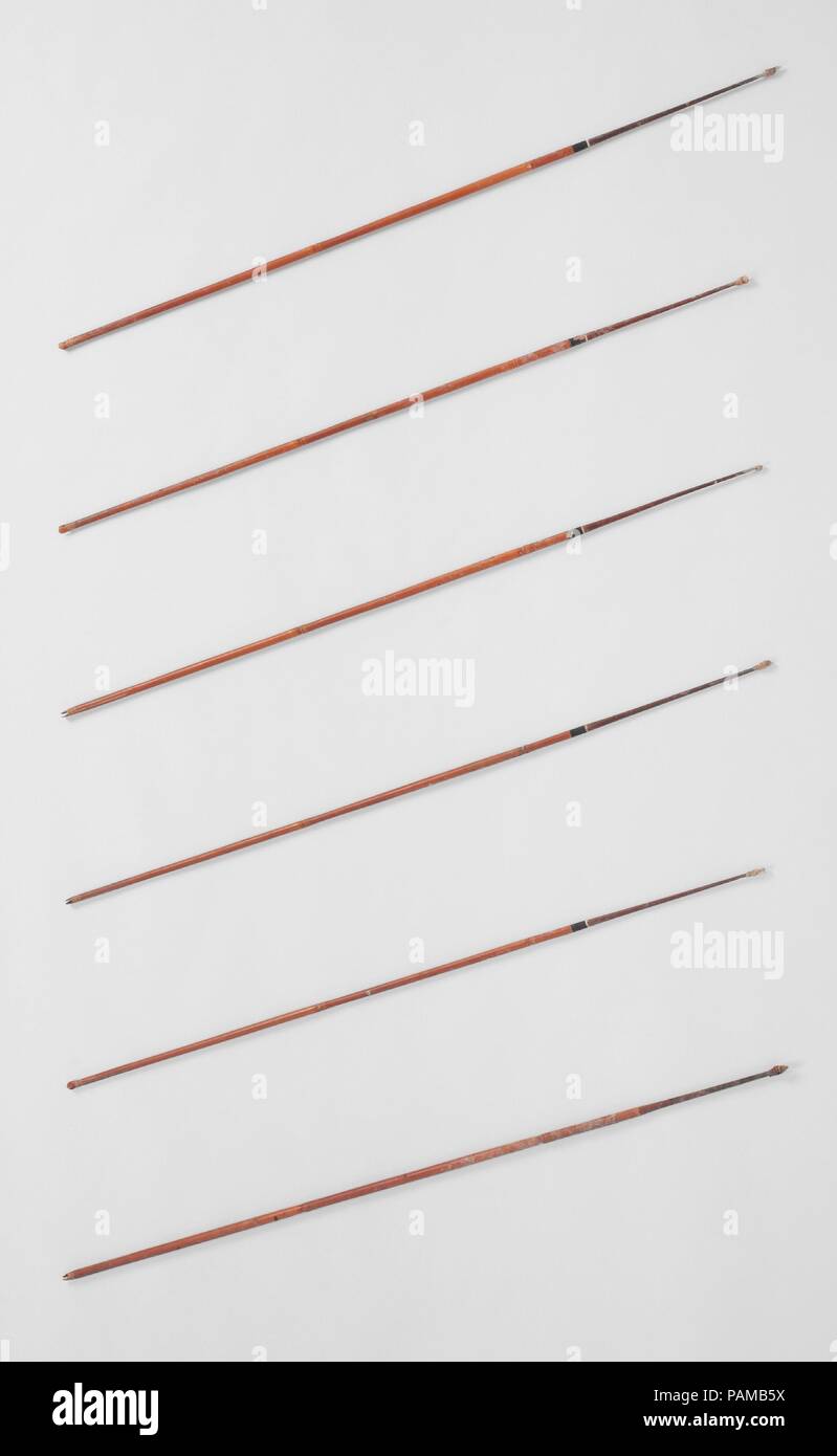 6 Arrows. Dimensions: Length of a, 77 cm (30 5/16 in); b, 73.1 cm (28 3/4 in); c, 73.8 cm (29 1/16 in); d, 75 cm (29 1/2 in); e, 74.6 cm (29 3/8 in); f, 74.5 cm (29 5/16 in). Dynasty: Dynasty 12-17. Date: ca. 1981-1550 B.C..  The arrows have flint chips embedded in their tips with pitch, and there are traces of feathers at the notched ends. They would have been used with a longbows such as 36.3.211. Museum: Metropolitan Museum of Art, New York, USA. Stock Photo
