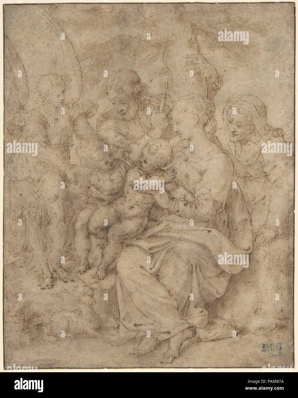 The Holy Family with the Infant Baptist, Saint Elizabeth, and an Attendant Angel. Artist: Aurelio Luini (Italian, Luino or Milan ca. 1530-1593 Milan). Dimensions: 6 1/4 x 5in. (15.9 x 12.7cm). Date: 1550-60. Museum: Metropolitan Museum of Art, New York, USA. Stock Photo