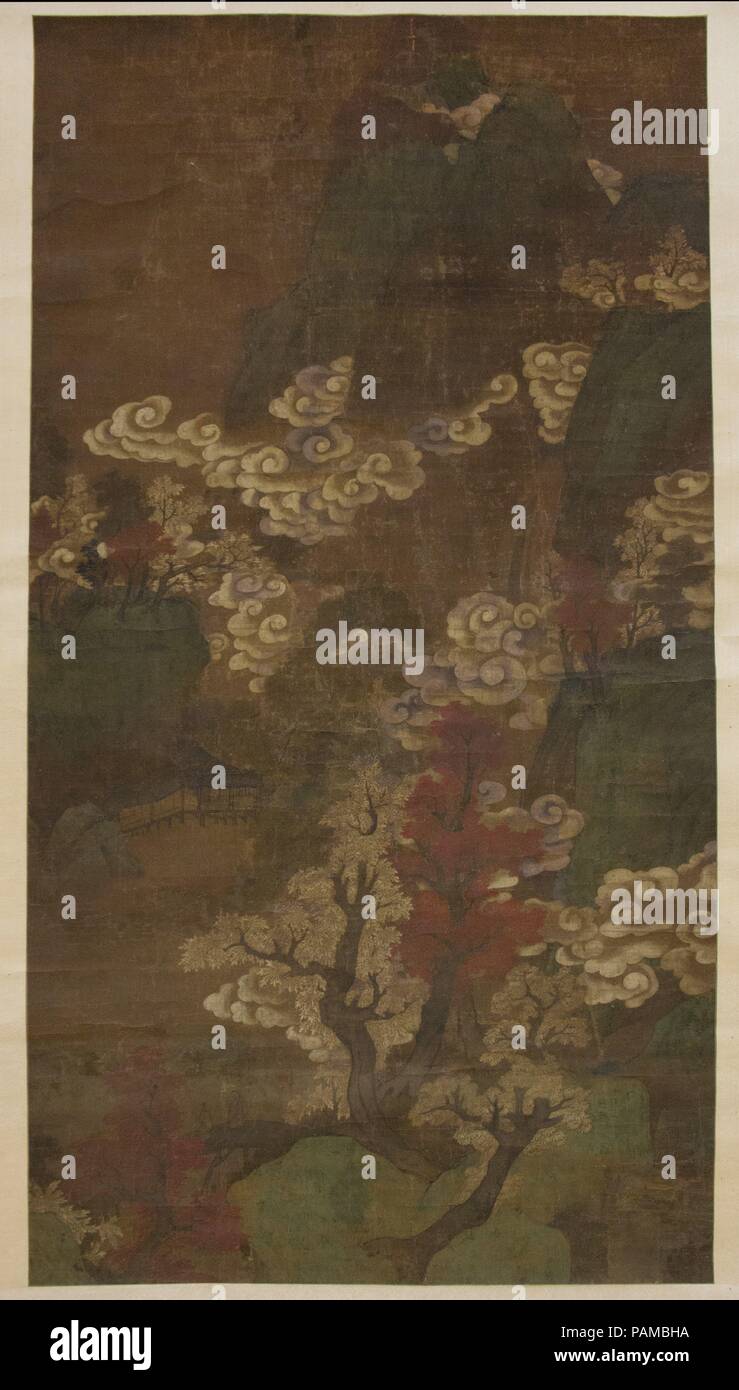Landscape. Artist: Unidentified Artist. Culture: China. Dimensions: Image: 68 1/2 × 35 1/2 in. (174 × 90.2 cm)  Overall with mounting: 9 ft. 1 7/8 in. × 42 5/8 in. (279.1 × 108.3 cm)  Overall with knobs: 9 ft. 1 7/8 in. × 46 1/4 in. (279.1 × 117.5 cm). Museum: Metropolitan Museum of Art, New York, USA. Stock Photo